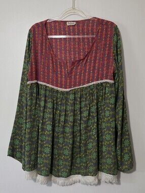 Natural Life Live Happy Peasant Top Fringe Boho Granola Girl Hippie Sz M/L